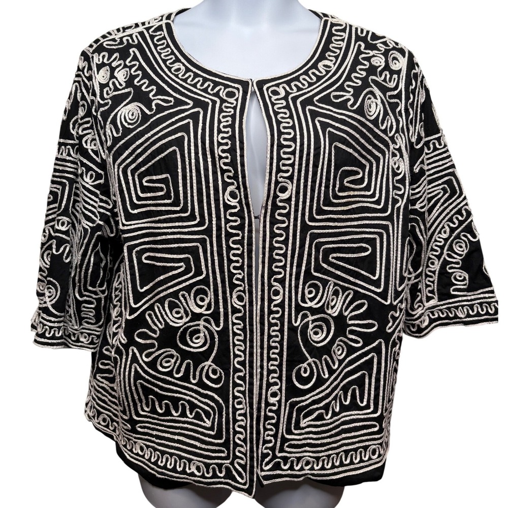 MAGGIE BARNES Black White Soutache Jacket 2X Geometric‎ Maximalist Artsy